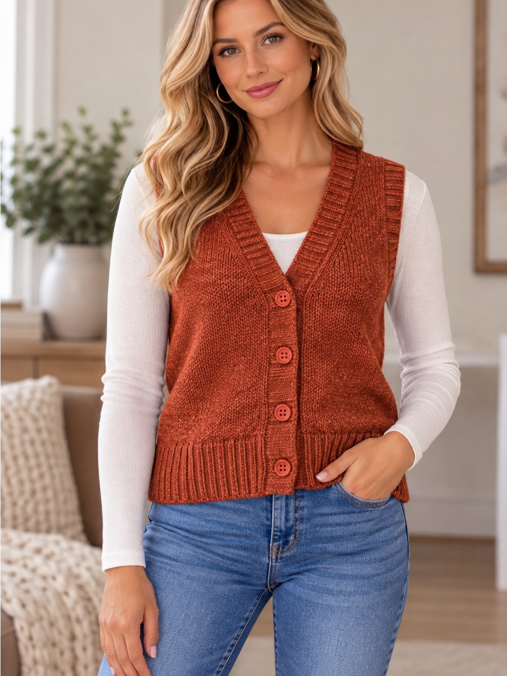 Lux Rust Button-Front V-Neck Knit Sweater Vest